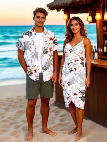Coconut Tree Hibiscus Flower Leaf Print Plus Size Matching Hawaii Beach Outfit For Couples