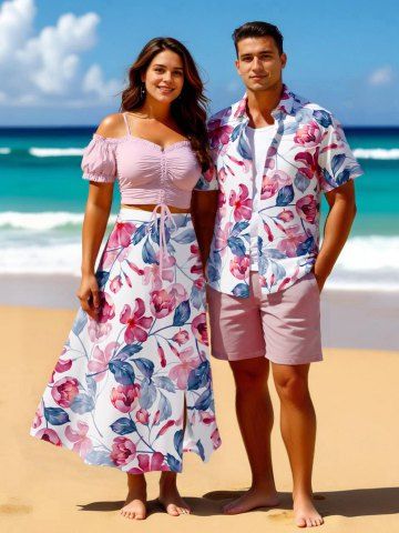 Flowers Leaf Tropical Print Plus Size Matching Hawaii Beach Outfit For Couples