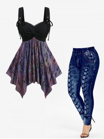 Jacquard Tie Dye Ombre Ruched Textured Handkerchief Top and High Waisted 3D Print Leggings Plus Size Outfit