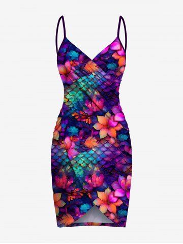 Plus Size Ombre Flower Mermaid Scale Print Hawaii Covertible Beach Cover Up - PURPLE - XS