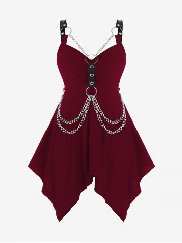 O Ring Chain Handkerchief Gothic Tank Top and Spider Web Flocking Lettuce Flare Pants Plus Size Outfit