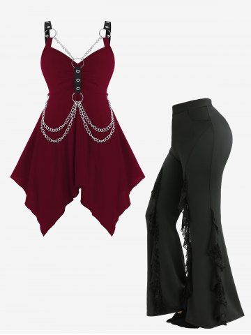 O Ring Chain Handkerchief Gothic Tank Top and Spider Web Flocking Lettuce Flare Pants Plus Size Outfit - RED