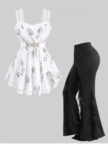 Rose Flower Print Lace Trim Surplice Tank Top and Spider Web Flocking Lettuce Flare Pants Plus Size Outfit - WHITE