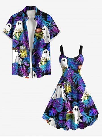 Halloween Ghost Tropical Leaf Bottles Print Plus Size Matching Outfit For Couples - PURPLE