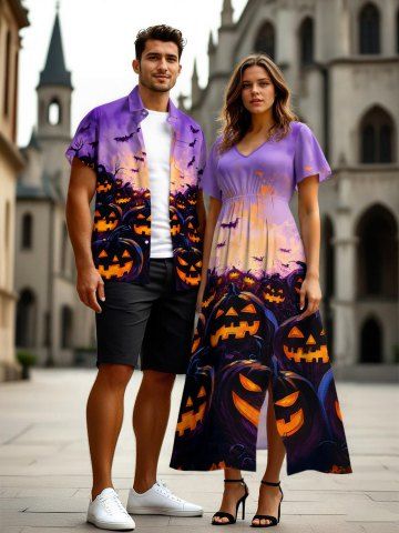 Halloween Costume Pumpkin Lantern Bat Galaxy Print Plus Size Matching Outfit For Couples