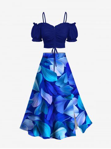 Ombre Leaf Print Plus Size Hawaii Matching Set - BLUE