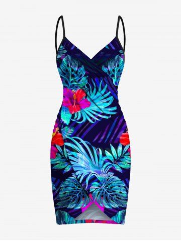 Plus Size Hibiscus Flowers Tropical Leaf Print Convertible Hawaii Beach Cover - BLUE - S