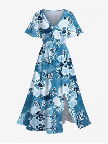 Plus Size Watercolor Tropical Flowers Leaf Print Split Hawaii Midi Dress - SKY BLUE - XXS