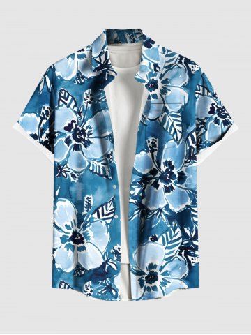 Plus Size Watercolor Tropical Flowers Leaf Print Buttons Pocket Hawaii Shirt For Men - BLUE - 5XL