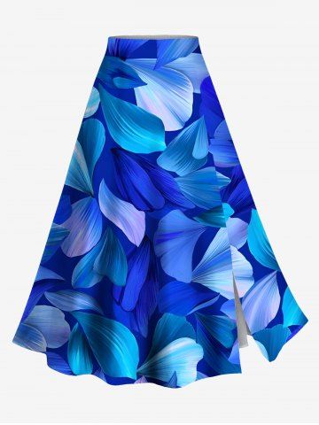 Plus Size Ombre Leaf Print Split Hawaii Skirt - BLUE - XS