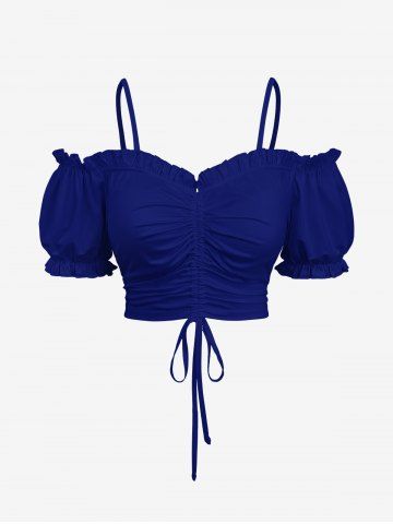 Plus Size Cinched Ruched Ruffles Cold Shoulder Cami Top - BLUE - 1X
