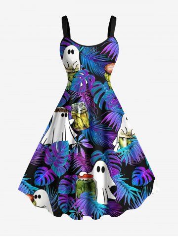 Plus Size Halloween Ghost Tropical Leaf Bottles Print Hawaii Tank Dress - PURPLE - 1X