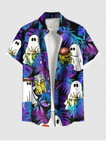 Plus Size Halloween Ghost Tropical Leaf Bottles Print Buttons Pocket Hawaii Shirt For Men - BLUE - 6XL