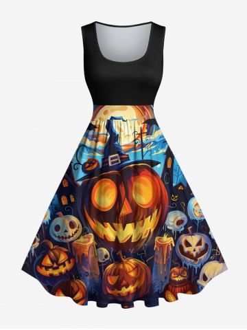 Plus Size Halloween Pumpkin Lantern Bat Skulls Candles Print 1950s Vintage Dress - BLACK - 3X
