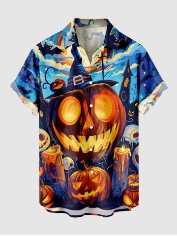 Plus Size Halloween Pumpkin Lantern Bat Skulls Candles Print Buttons Pocket Shirt For Men - BLUE - 2XL