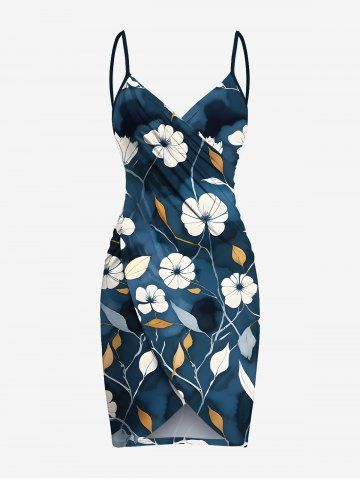 Plus Size Flower Leaf Branch Print Hawaii Ombre Convertible Beach Cover Up - BLUE - S