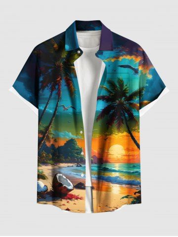 Plus Size Coconut Tree Sea Beach Seascape Print Hawaii Button Pocket Shirt For Men - GREEN - 2XL