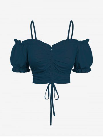 Plus Size Cold Shoulder Puff Sleeve Cinched Solid Top - DEEP BLUE - 2X