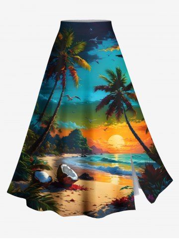 Plus Size Coconut Tree Sea Beach Seascape Print Hawaii Split A Line Skirt - GREEN - 4X