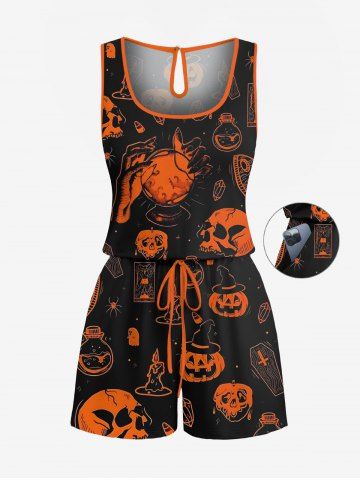 Plus Size Skull Pumpkin Tombstone Print Halloween Drawstring Pocket Romper - BLACK - 3X