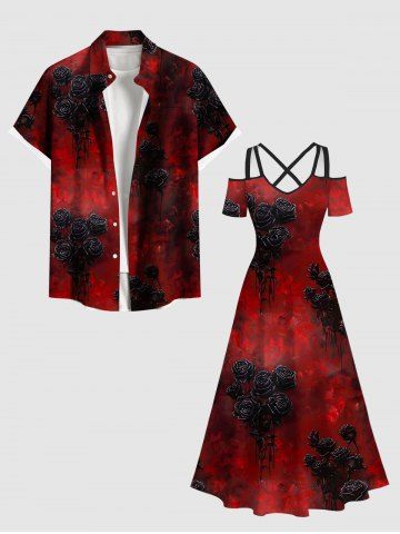 Halloween Tie Dye Ombre Rose Flower Print Plus Size Matching Outfit For Couples - RED