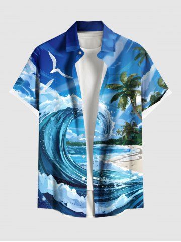 Plus Size Coconut Tree Sea Waves Bird Print Hawaii Button Pocket Shirt For Men - BLUE - 3XL