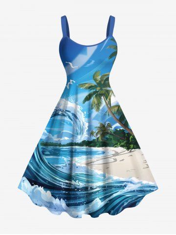 Plus Size Coconut Tree Sea Waves Bird Print Hawaii A Line Tank Dress - BLUE - XXS