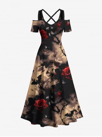 Plus Size Rose Flower Bat Dark Style Print Halloween Cold Shoulder Crisscross A Line Maxi Dress - COFFEE - XXS