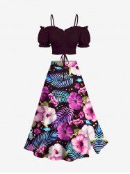 Hibiscus Flowers Tropical Leaf Print Hawaii Plus Size Matching Set - Pourpre  