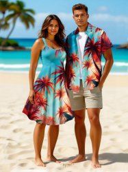 Coconut Tree Sky Print Plus Size Matching Hawaii Beach Outfit For Couples -  