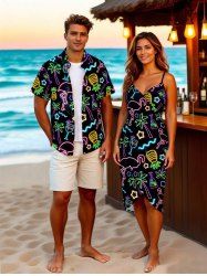Glitter Neon Coconut Tree Flamingo Pineapple Print Plus Size Matching Hawaii Beach Outfit For Couples -  