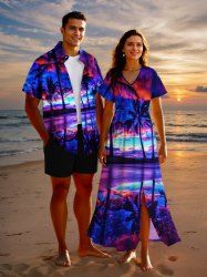 Coconut Tree Colorful Cloud Seascape Print Plus Size Matching Hawaii Beach Outfit For Couples -  