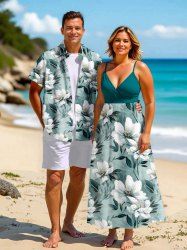Flowers Leaf Print Plus Size Matching Hawaii Beach Outfit For Couples -  