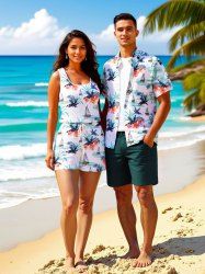 Ensemble chemise et barboteuse hawaïennes assorties, grande taille, imprimé feuilles tropicales et hibiscus, pour couples - Blanc 