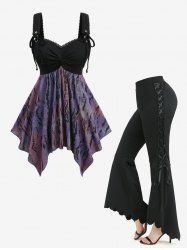 Jacquard Tie Dye Ombre Ruched Handkerchief Top and Lace Up Scalloped Hem Flare Pants Plus Size Outfit -  