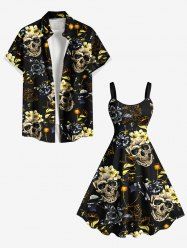 Tenue de plage hawaïenne assortie grande taille à imprimé tête de mort et fleurs pour couples - Noir 