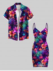 Colorful Ombre Mermaid Scale Flower Print Plus Size Matching Hawaii Beach Outfit For Couples -  