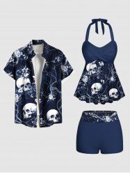 Skull Tree Flower Print Shirt Swimsuit Plus Size Matching Halloween Outfit For Couples -  