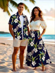 Tropical Leaf Plant Hibiscus Flower Print Plus Size Matching Hawaii Beach Outfit For Couples -  