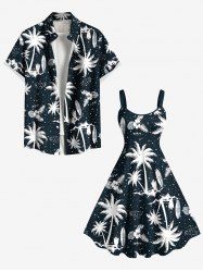Tenue de plage hawaïenne assortie grande taille à imprimé feuilles de cocotier et fleurs d'hibiscus pour couples - Noir 