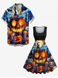 Tenue d'Halloween grande taille assortie pour couples, motif citrouille, lanterne, chauve-souris, crânes, bougies - Bleu 
