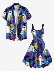 Halloween Ghost Tropical Leaf Bottles Print Plus Size Matching Outfit For Couples -  