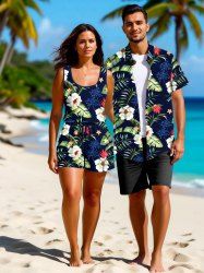 Matching Hawaii Shirt and Romper Plus Size Beach Outfit Coconut Tree Tropical Leaf Hibiscus Flower Print For Couples -  