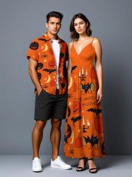 Tenue d'Halloween grande taille assortie pour couples, motif citrouille, chauve-souris, lune, étoile, bougie, araignée - Orange Foncé 