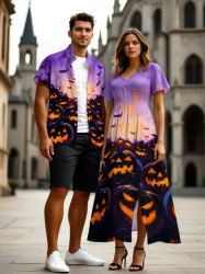Halloween Costume Pumpkin Lantern Bat Galaxy Print Plus Size Matching Outfit For Couples -  