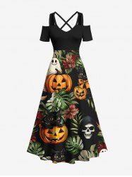 Robe longue hawaïenne grande taille à imprimé citrouille, crâne, chat, feuilles tropicales, fleurs, épaules dénudées, croisée - Noir L