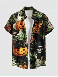 Plus Size Halloween Pumpkin Skull Cat Tropical Leaf Flowers Print Buttons Pocket Hawaii Shirt For Men -  