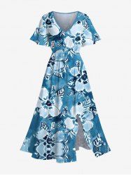 Robe mi-longue hawaïenne fendue grande taille à imprimé aquarelle, fleurs tropicales et feuilles - Bleu Ciel M