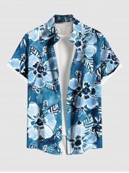 Plus Size Watercolor Tropical Flowers Leaf Print Buttons Pocket Hawaii Shirt For Men -  
