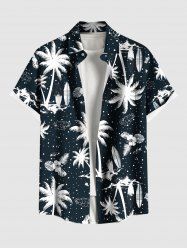 Plus Size Coconut Tree Hibiscus Flowers Leaf Print Buttons Pocket Hawaii Shirt For Men -  